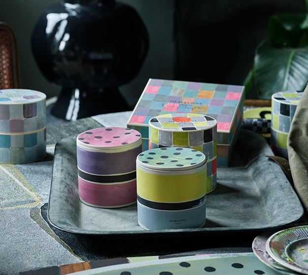 Jo Malone London x Martyn Thompson Design edition layered candles with Martyn Thompson checkered box 
