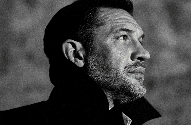 A side portrait of Tom Hardy in black and white, and Jo Malone London Cypress & Grapevine Cologne Intense bottle 